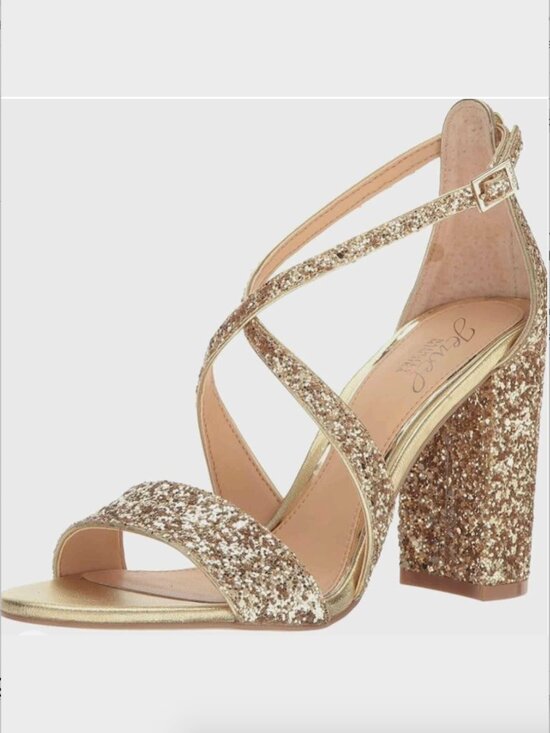 Jewel Badgley Mischka Shoes - Jewel Badgley Mischka Cook Metallic Glitter Strappy Peep Toe Block Heel-Size 7.5